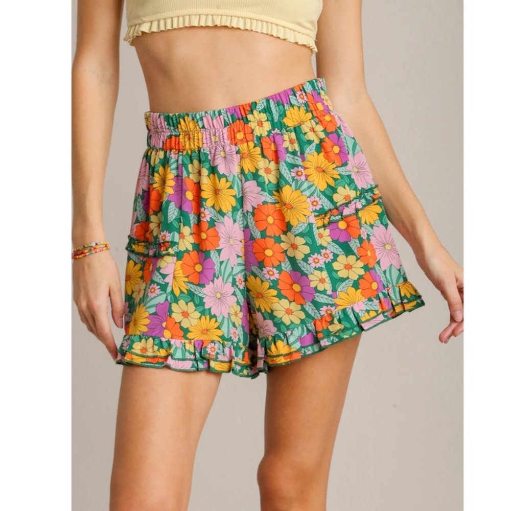 Umgee Green Floral High-Waist Ruffle Shorts